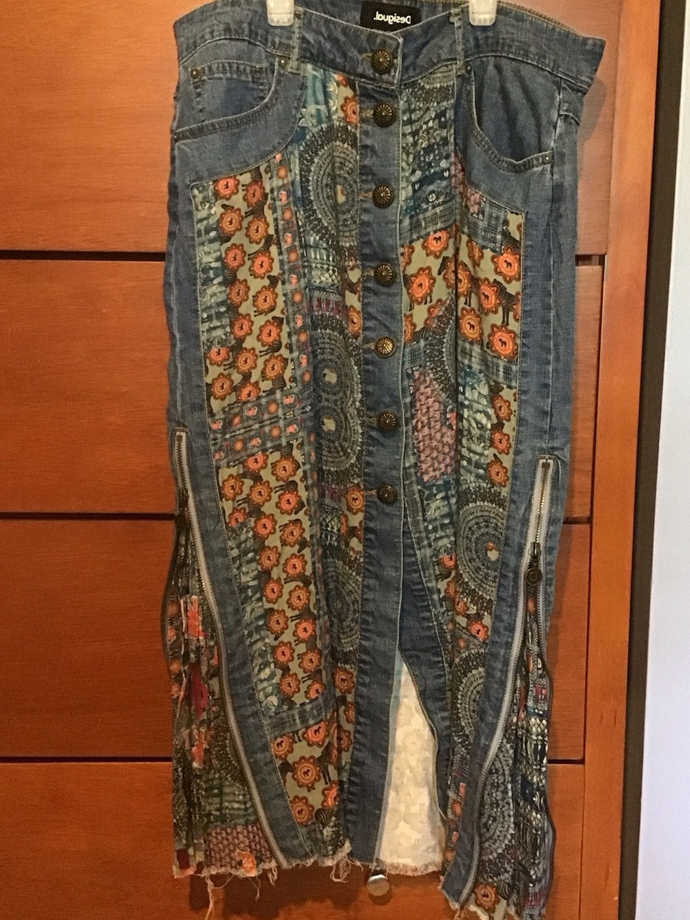 Desigual Denim Patchwork Skirt with Orange and Blue Floral Panels